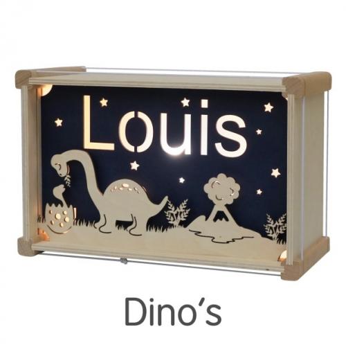 Naam lampje luxe hout - Dino met naam naar keuze in 15 kleuren - Naam voor op de lamp opgeven aan het eind in het bestelproces bij opmerking!